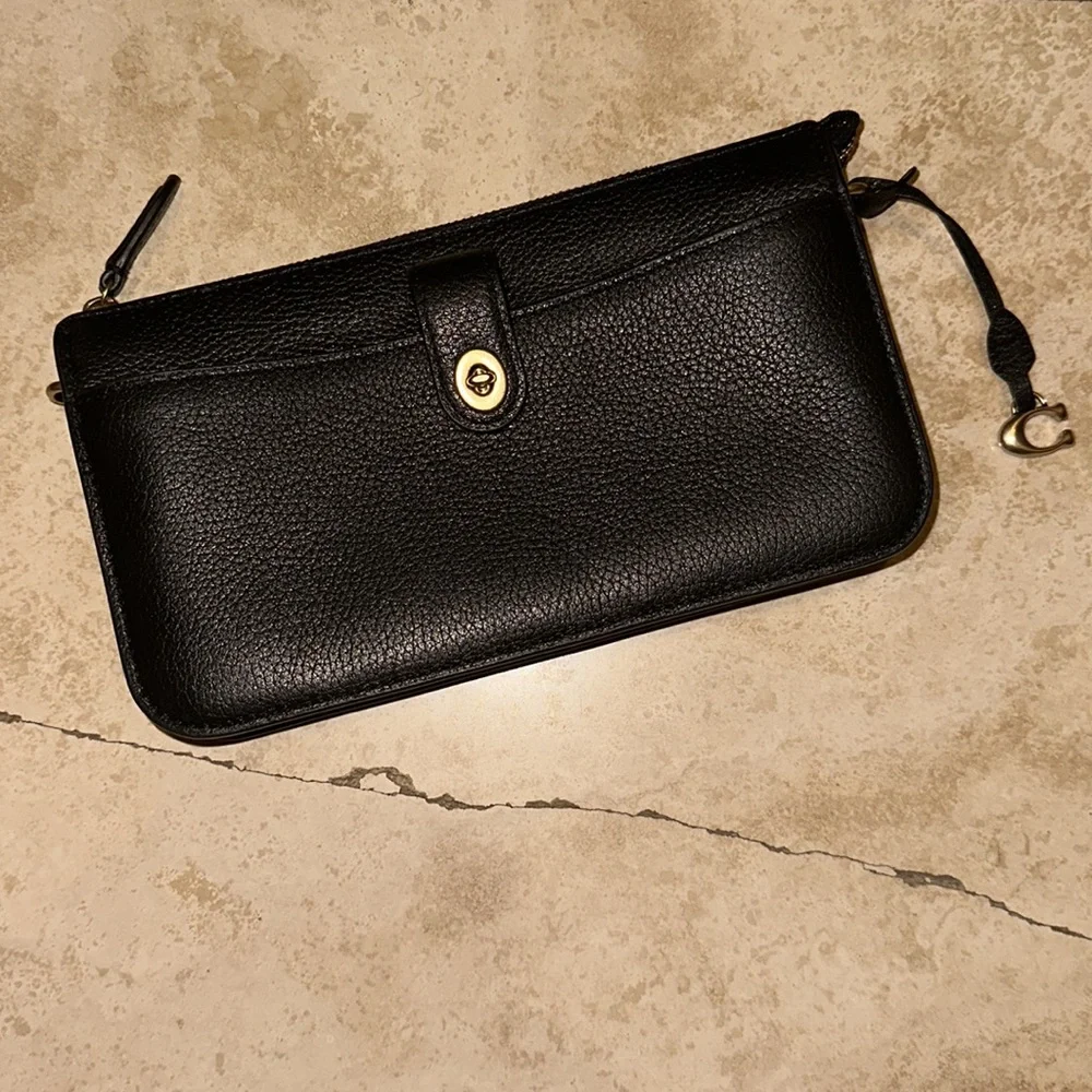 Coach Pebbled Leather Black Crossbody Wristlet - Picture 3 of 14